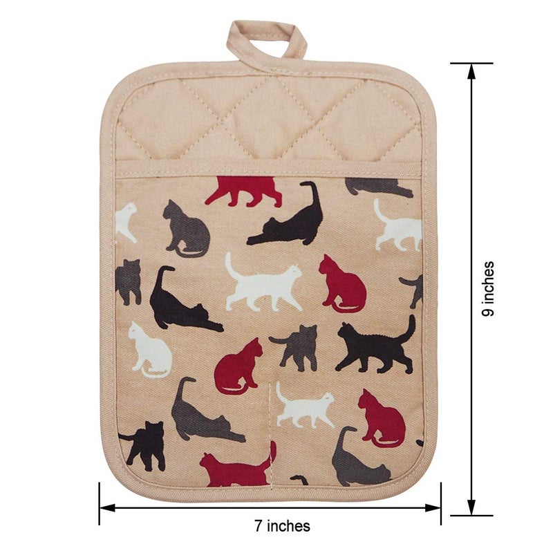 RED LMLDETA Pot Holders Set of 2 Heat Resistant 480 â„‰ Kitchen Non Slip Clear Silicone Printed Comfortable Cotton Lining Women Men Cooking Barbecue Microwave Machine Washable (Cat, Khaki Potholders) - Image 2